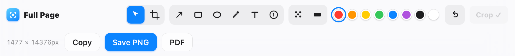 The Full Page editor toolbar: Copy, Save PNG, PDF, and the capture size 1477 by 14376 pixels.