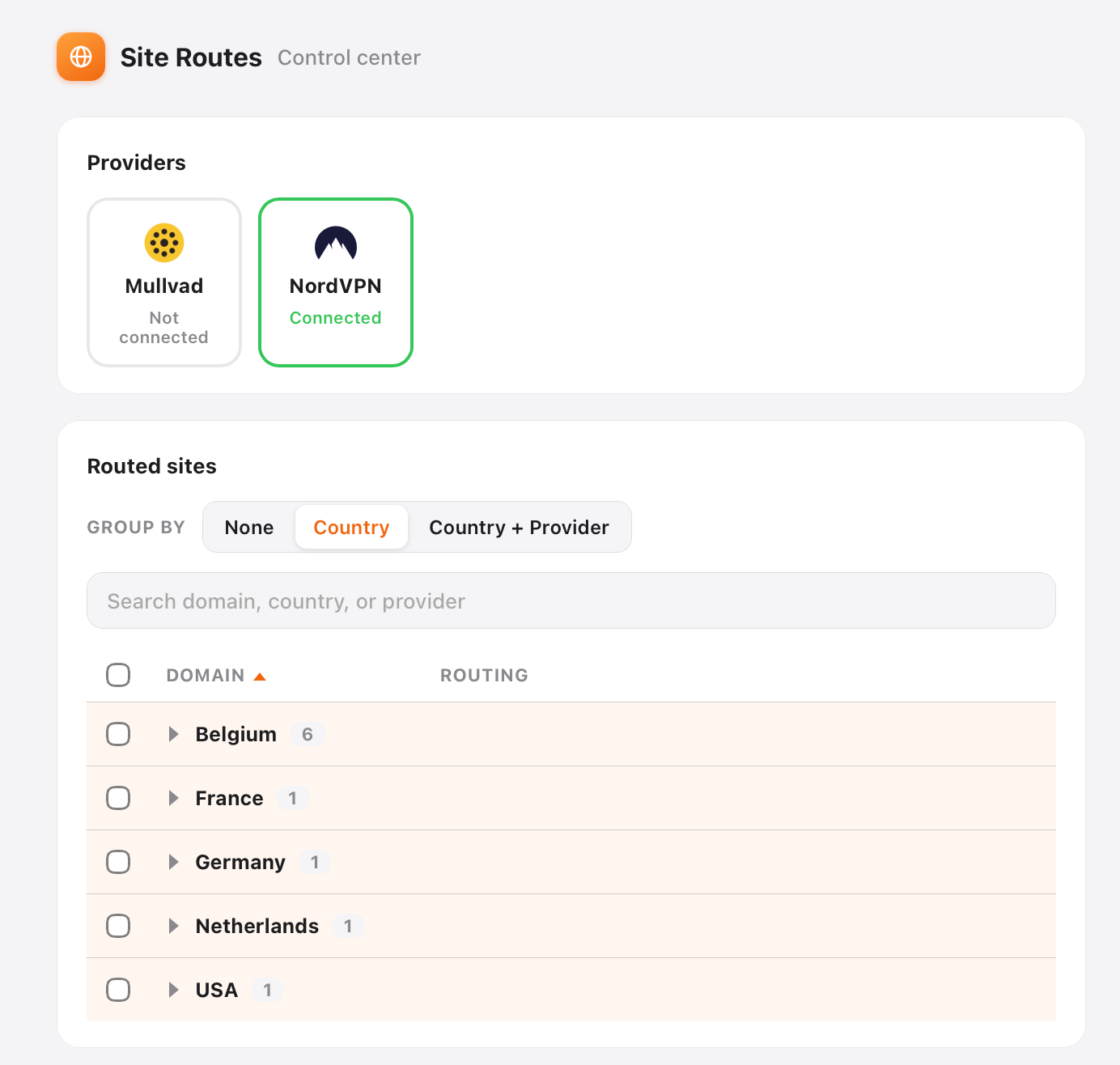 The Site Routes control center: NordVPN connected as a provider, and routed sites grouped by country - Belgium, France, Germany, Netherlands, USA - each on its own route.